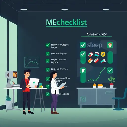 checklist illustration for healthy lifestyle and medication safety with AI assistant, dark UI, green accent, cartoon icons of sleep, nutrition, exercise, pills, text-free, professional