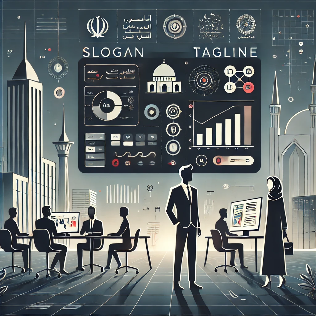 clean infographic-style illustration comparing “slogan” vs “tagline”, two columns with icons, campaign-