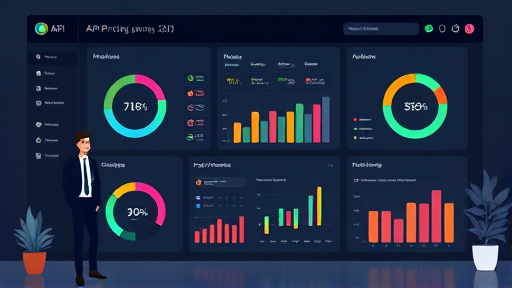 modern illustration of an API pricing dashboard, animated gauges and charts showing real-