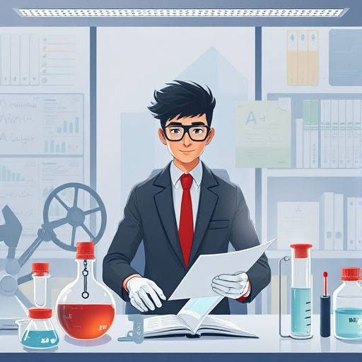 animated illustration of an Iranian student preparing for chemistry university exam with AI robot assistant, exam papers, chemistry formulas, energetic vibe, text-free
