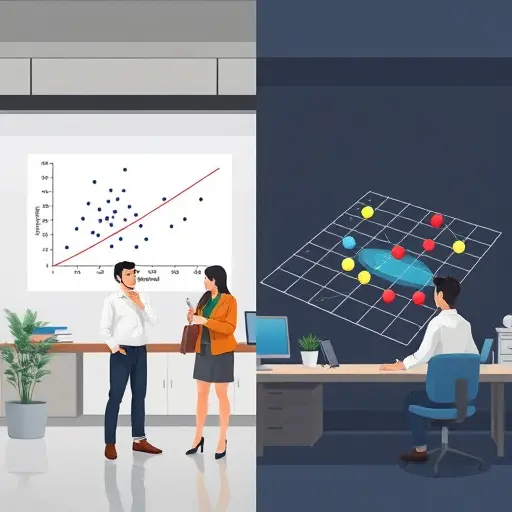 split-screen illustration: left side shows a scatter plot with a smooth regression line predicting continuous values; right side shows a 2