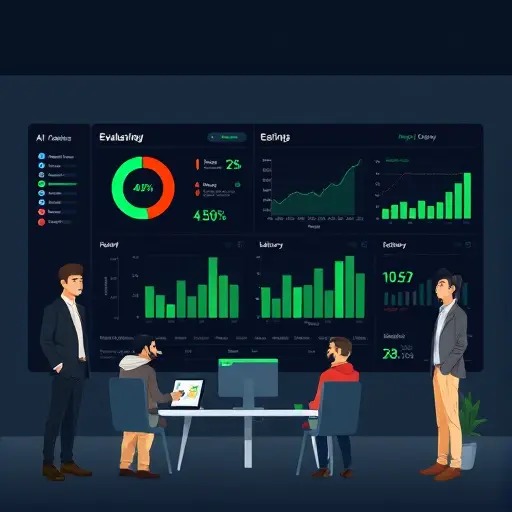 animated illustration of AI evaluation dashboard with charts for accuracy, recall, F1, latency;