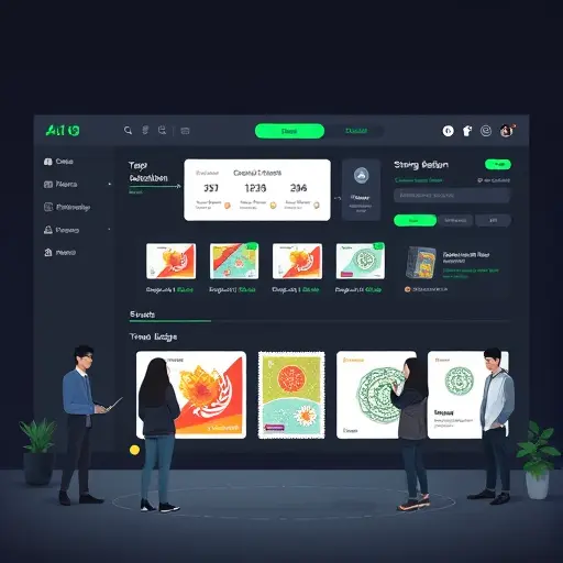 minimalist illustration of an AI platform dashboard in dark theme, showcasing stamp design workflow steps (prompting, preview, export)#94d3a2