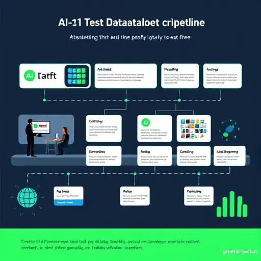 illustrated pipeline of AI test dataset creation: data sources, cleaning, stratified sampling, adversarial generation, validation, versioning;