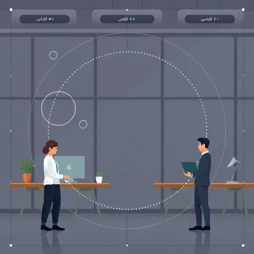 top-down illustration of stamp layout guidelines with circle and oval frames, grid alignment markers, stroke thickness indicators, dark theme, text-free