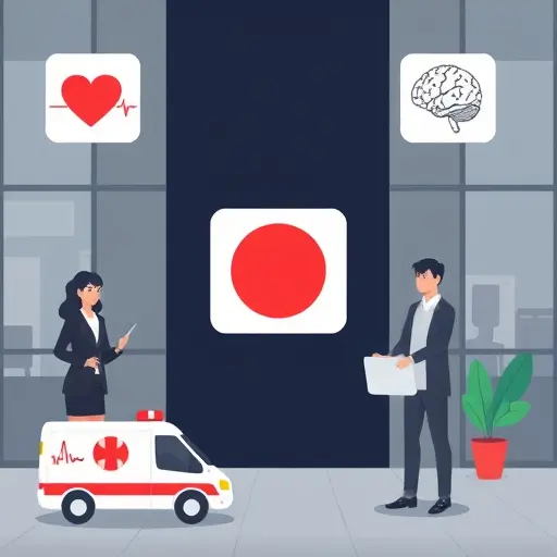 illustrated emergency medical icons on a dark UI background, symbols of ambulance, heartbeat, brain stroke alert, red and green accents (#94d3a2)