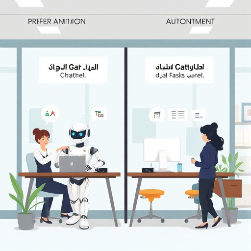 modern cartoon illustration comparing a traditional chatbot with an advanced ChatGPT agent, showing multiple tasks automation, clean, text-free