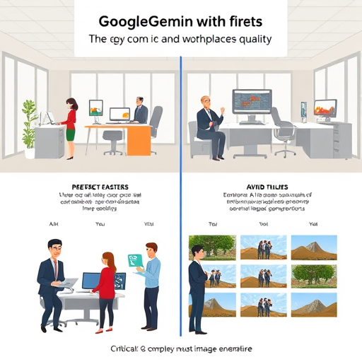 comparison chart illustration between different AI image generation models, highlighting Google Gemini's visual quality, cartoon style infographic with image samples, no text