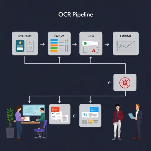 animated diagram of an OCR pipeline detecting table structures and math formulas, branching outputs to CSV and LaTeX/MathML, sleek dark UI, icons only, no text