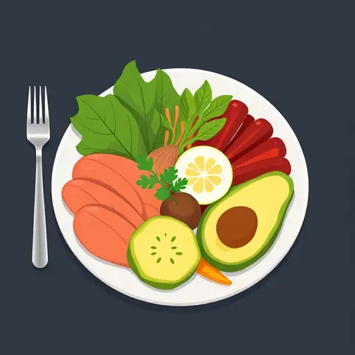 illustrated healthy fasting plate with lean protein, leafy greens, avocado, whole grains;