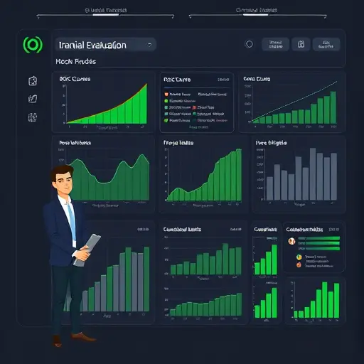 model evaluation dashboard illustration: charts for ROC curve, confusion matrix, cross-