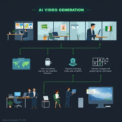 animated diagram of AI video generation pipeline, showing steps: idea to script, storyboard, TTS voiceover, image/video generation, editing and export;