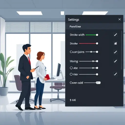 clean vector settings panel illustration for SVG and PDF export, showing stroke width, round joins, miter limit, even-