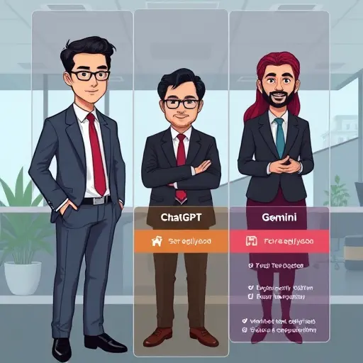 illustrated comparison cards of AI models (ChatGPT, Claude, Gemini)