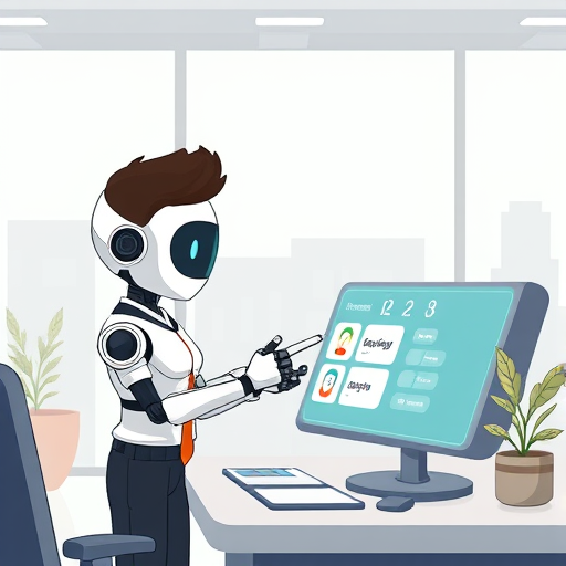 cartoon-style illustration of an AI assistant (robotic character)