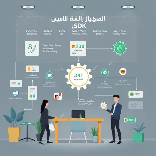cartoon-style infographic showing the process of building an AI agent using SDK, with flowcharts, gears, green digital circuits, and icons representing automation and teamwork, no text