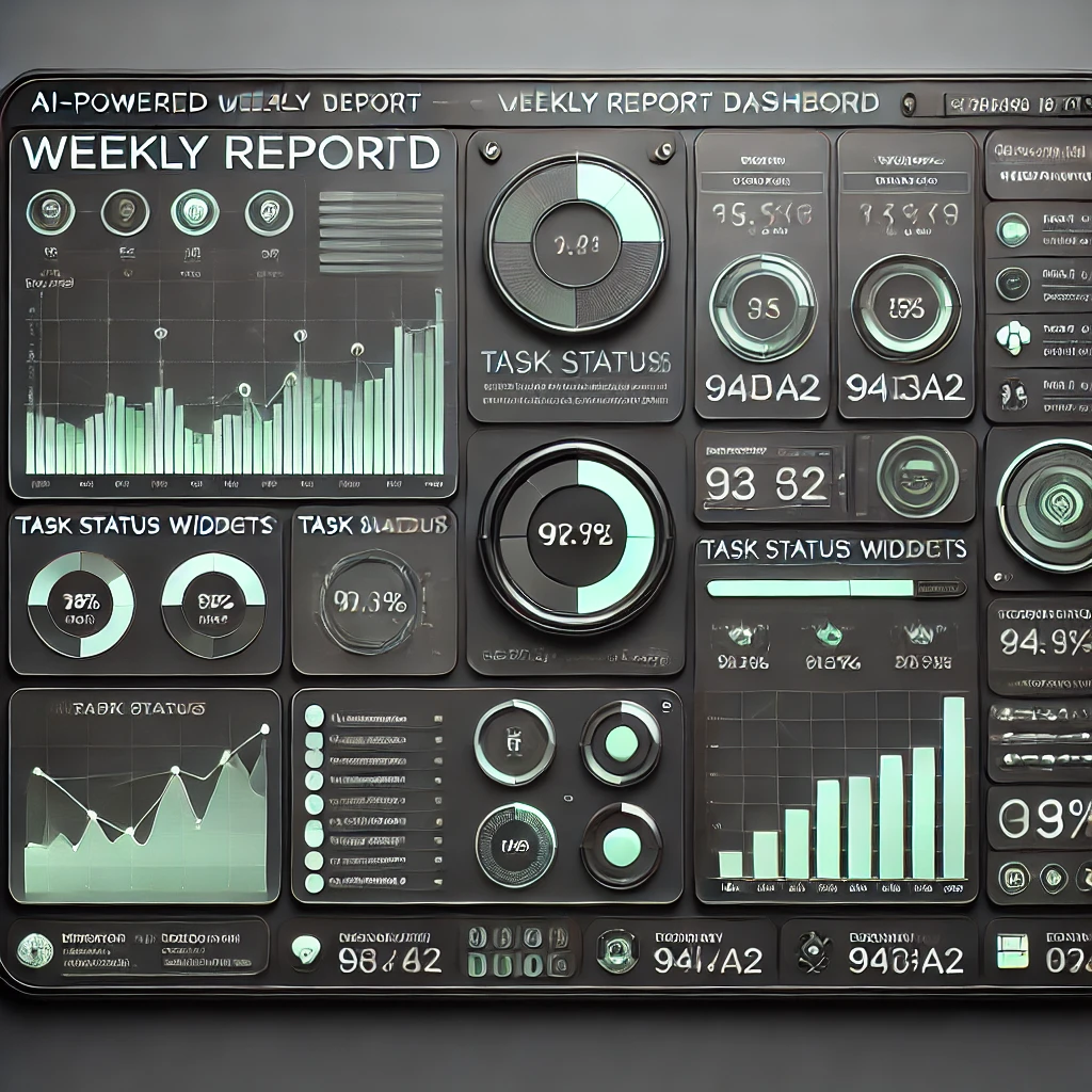 clean animated illustration of an AI-powered weekly report template dashboard, charts and task status widgets, dark theme with green accents matching #94d3a2