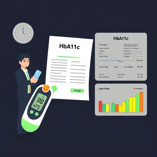 clean illustration of a glucose meter, lab report labeled HbA1