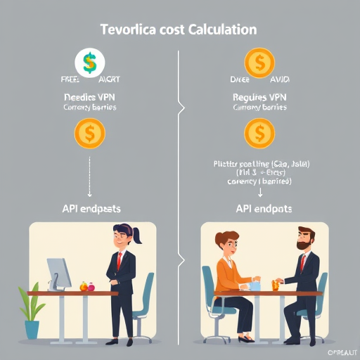 illustrated flow chart showing cost calculation differences between GapGPT (direct, Persian) and OpenAI (requires VPN, currency barriers), symbolic coins and API endpoints, cartoon style, no text