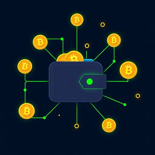 abstract wallet and coins connected to AI nodes, pay-as-you-go concept illustration, dark background, green accent lines, text-free, professional