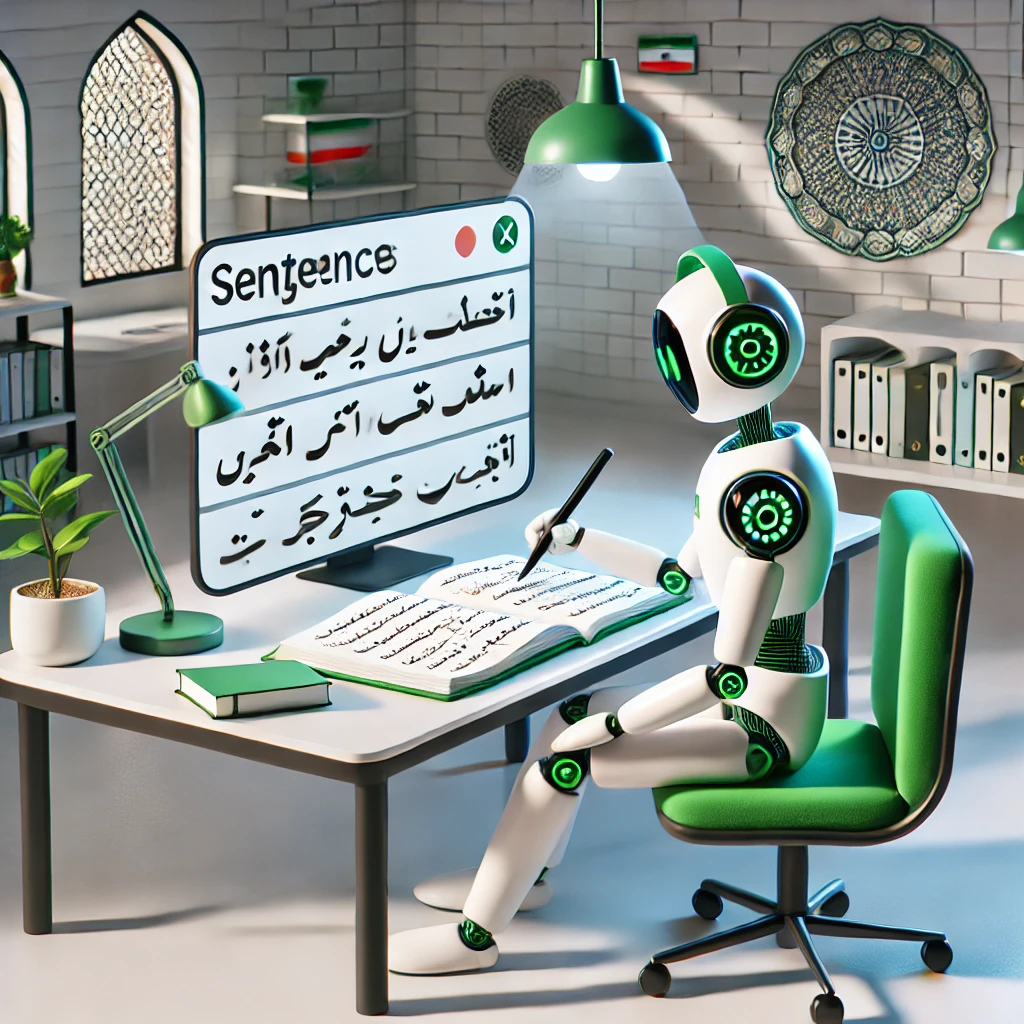 illustration of a digital AI assistant marking and correcting sentences on an English essay, open notebook on a desk, green accent highlights, clean cartoon style, no text