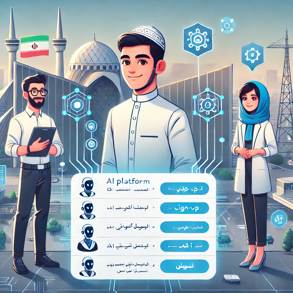 cartoon-style instructional illustration showing step-by-step AI platform sign-