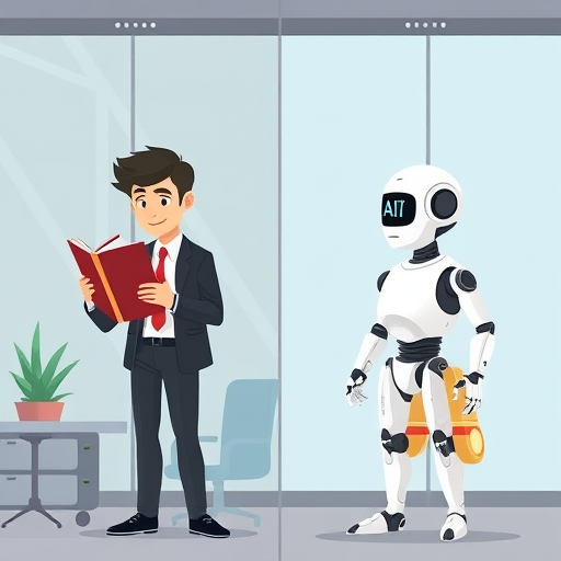 cartoon-style side-by-side comparison, animated student using heavy physics books on one side and AI assistant (symbolic robot) giving fast solutions on the other, clean, tech look, no text