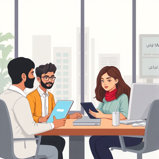 modern cartoon-style illustration of Iranian students using an AI-