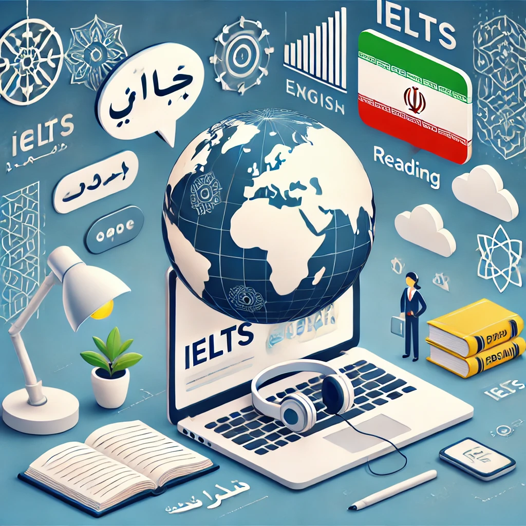 animated illustration of IELTS exam symbols (speaking bubble, writing paper, reading book, headphones)