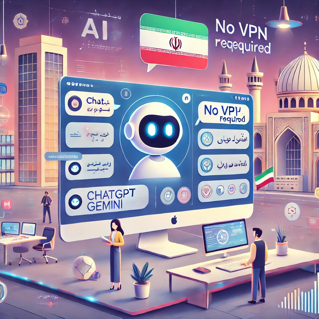 animated representation of an Iranian AI platform dashboard, highlight no VPN/