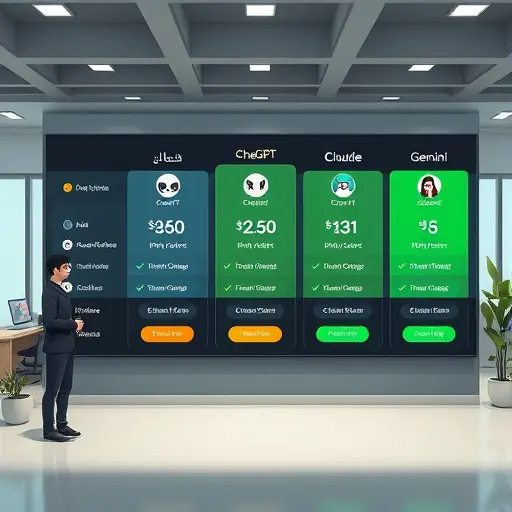 animated pricing comparison board showing AI models (ChatGPT, Claude, Gemini) as icons, pay-as-you-