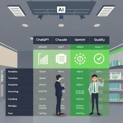 clean illustrated comparison chart of AI models (ChatGPT, Claude, Gemini) with icons for speed, cost, quality;
