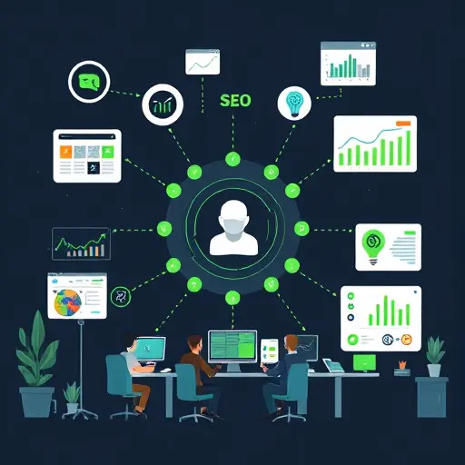 productivity workflow illustration: content calendar, SEO, coding, data charts connected to an AI hub;