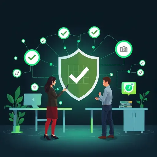 security-focused illustration: shield over AI nodes, encrypted connections, checklist icons; dark background, green/