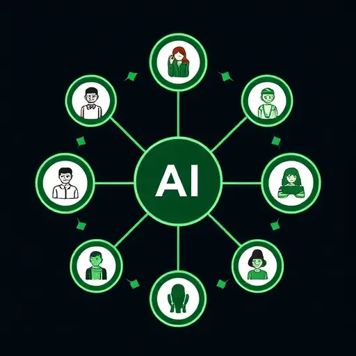 abstract hub illustration connecting multiple AI model nodes to a central Iranian platform, dark background, green accent lines, minimal, techy, text-free