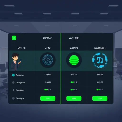 clean comparison panel illustration for AI models (GPT-4o, Claude, Gemini, DeepSeek), dark UI with green highlights, icons-