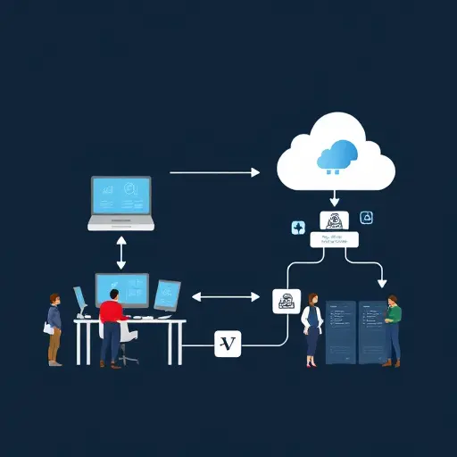 abstract diagram of hybrid AI workflow showing local preprocessing on a desktop and cloud inference on servers, arrows and icons, minimalist vector, dark theme, no text