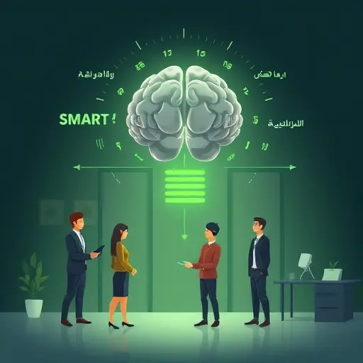 abstract illustration of SMART goals transformation pipeline, AI brain icon converting dreams into time-