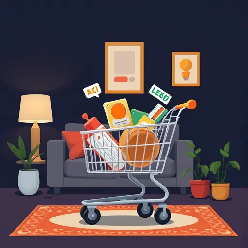 animated shopping cart with interior decor items (sofa, lamp, rug, plants)