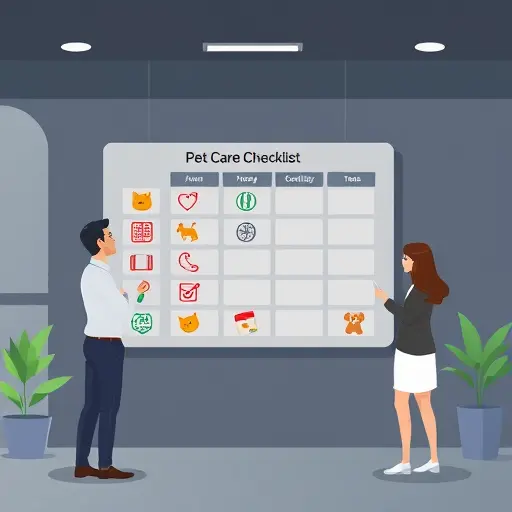 animated pet care checklist board with icons for dog, cat, litter box, brush, toys, calendar, and AI reminder symbols;;;; text-free