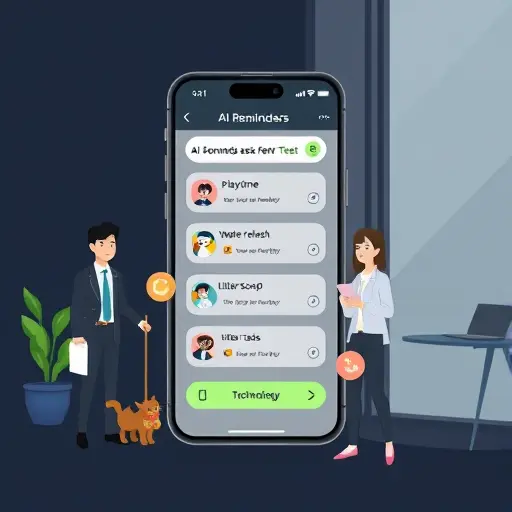 cartoon smartphone interface showing AI reminders for pet tasks, including playtime, water refresh, litter scoop;; professional; no text