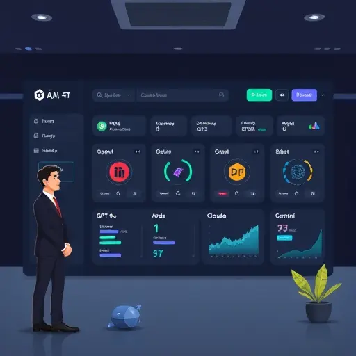 illustration of an AI platform dashboard with model selection (icons for GPT-4o, Claude, Gemini)