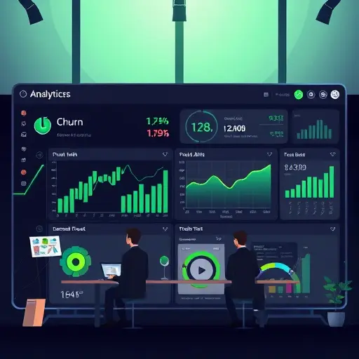 dark-themed analytics dashboard illustration showing churn reduction, fraud alerts, and demand forecast charts;