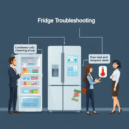 cartoon-style fridge troubleshooting flow, illustrated condenser coils cleaning, door seal check, thermometer icon, sleek dark theme, no text