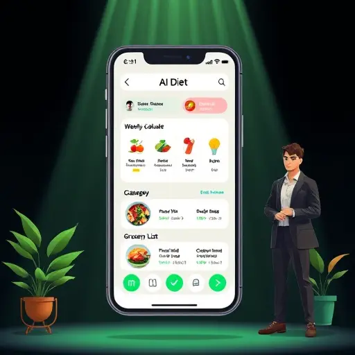 animated illustration of a smartphone showing an AI diet app: macro calculator, weekly menu cards, and a categorized grocery list;