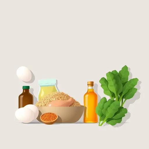 flat-lay illustration of a budget-friendly healthy grocery list: eggs, oats, brown rice, chicken, olive oil, lentils, leafy greens;
