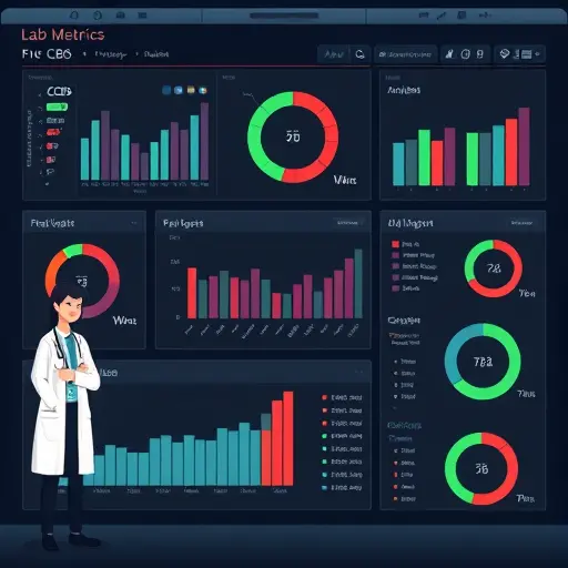 dark-themed medical lab dashboard illustration showing CBC metrics (Hb, WBC, Platelets)