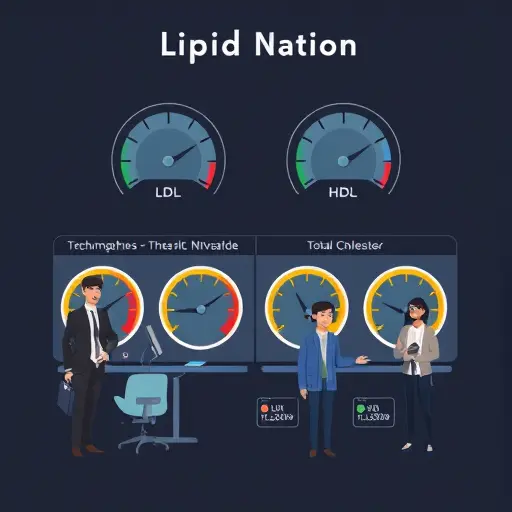 illustrated lipid panel with gauges for LDL, HDL, triglycerides, total cholesterol, clean infographic style, dark background, text-free