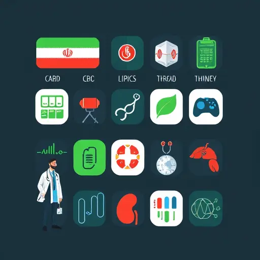 abstract medical icons grid representing CBC, glucose, lipids, thyroid, liver, kidney, electrolytes, dark background, green accent, clean flat illustration, text-free