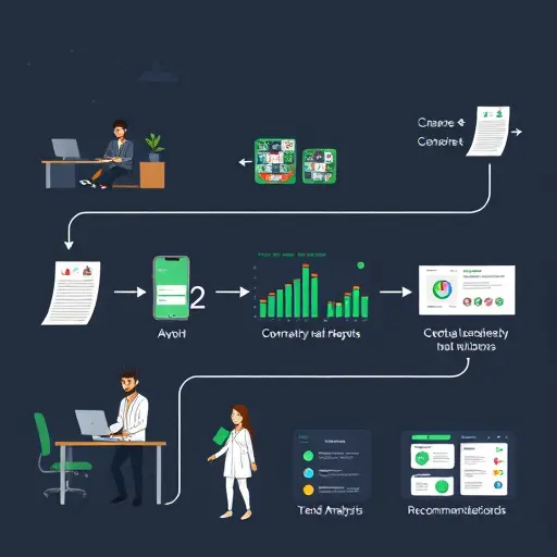 animated flow illustration showing a lab report being scanned, OCR extraction, NLP analysis, trend graphs, and recommendation cards; dark UI theme with green accents;;; text-free